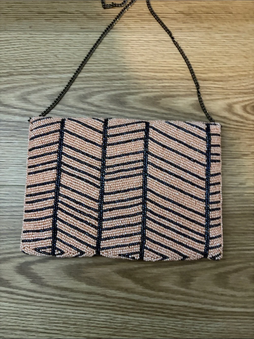 Beaded Pink Chevron Crossbody Bag with Chain Strap